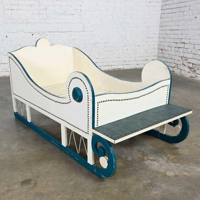Blue Vintage Sleigh-Style Dog Bed White With Blue Trim & Nail Head Design For Sale - Image 8 of 13