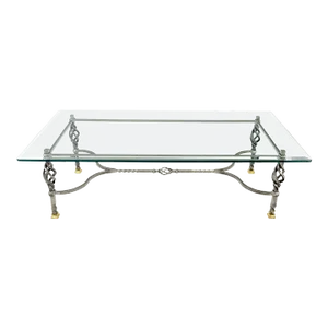 Wrought Iron Art Ornament Brass Tips Feet Glass Top Rectangle Coffee Table