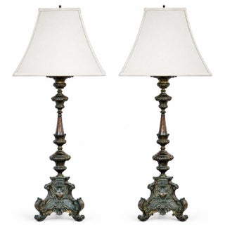 17th Century Italian Baroque Bronze Altar Candelabra Lamps, Marian Monogram - Pair For Sale