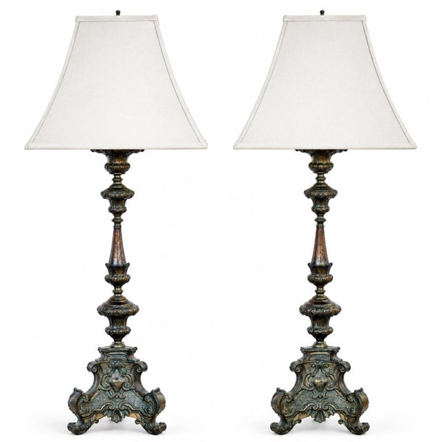 17th Century Italian Baroque Bronze Altar Candelabra Lamps, Marian Monogram - Pair For Sale
