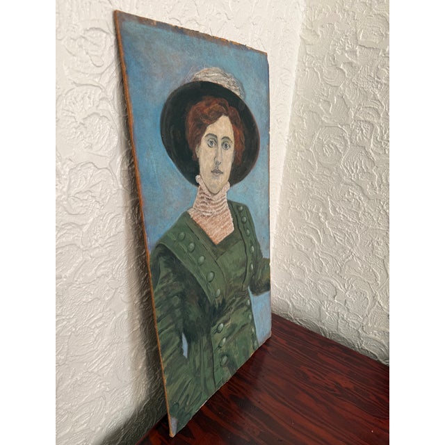 Paper Antique Naive Portrait Painting of an Edwardian Lady For Sale - Image 7 of 10