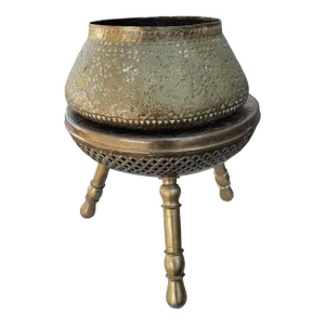 Indian Repoussé & Engraved Brass Bowl / Planter on Engraved Brass Stand / Stool