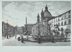 Giuseppe Malandrino, View of Piazza Navona, Original Etching, 1970