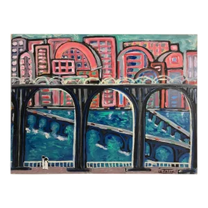 Jo Patch Surrealist Oil on Board “Trois Ponts Et Ville Rouge,” Belgian Modern Art, 1999