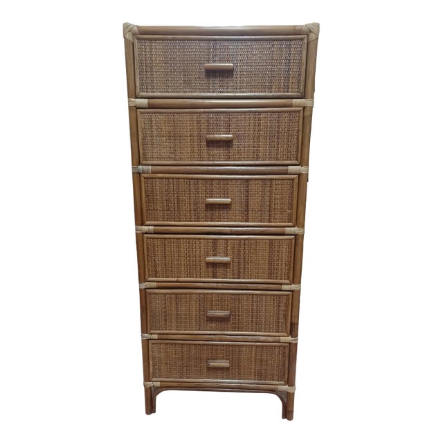 Mid 20th Century Vintage 6 Drawer Rattan and Raffia Highboy For Sale