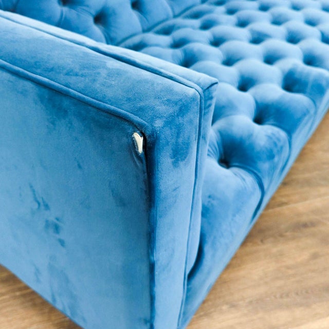 Blue Velvet Tufted 3-Seat Sofa With Gold Legs For Sale - Image 4 of 5