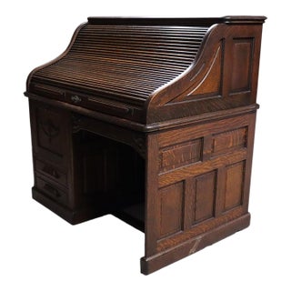 Antique Gunn Furniture Co. Oak S-Roll Top Paneled Single Pedestal Desk C1900 For Sale
