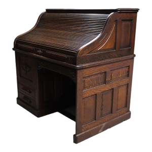Antique Gunn Furniture Co. Oak S-Roll Top Paneled Single Pedestal Desk C1900