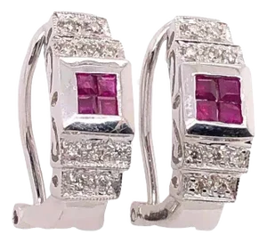 14 Karat White Gold French Back Half Hoop Ruby and Diamond Earrings