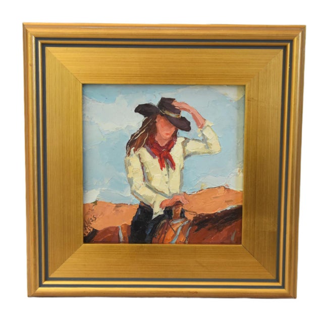 2020s Impressionist Farmhouse Western Cowgirl Painting Including the Antiqued Gold Wood Frame For Sale - Image 5 of 5