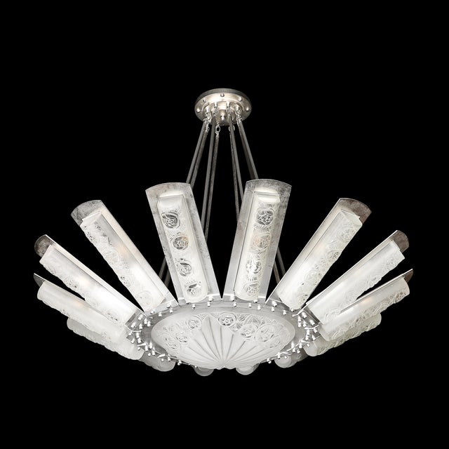 Art Deco Geometric Frosted Glass & Nickeled Starburst Chandelier Signed Degué For Sale - Image 10 of 18