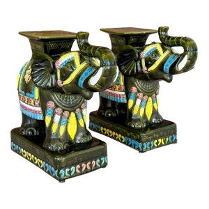 Late 20th Century Chinoiserie Regency Ceramic Glazed Elephant Garden Seat Side Tables-Pair