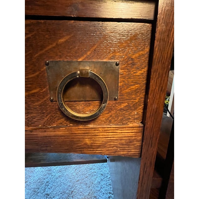 Antique Mission Oak Desk With Bookcase Ends, Arts & Crafts Writing Desk, C. 1910 For Sale In Rochester - Image 6 of 12