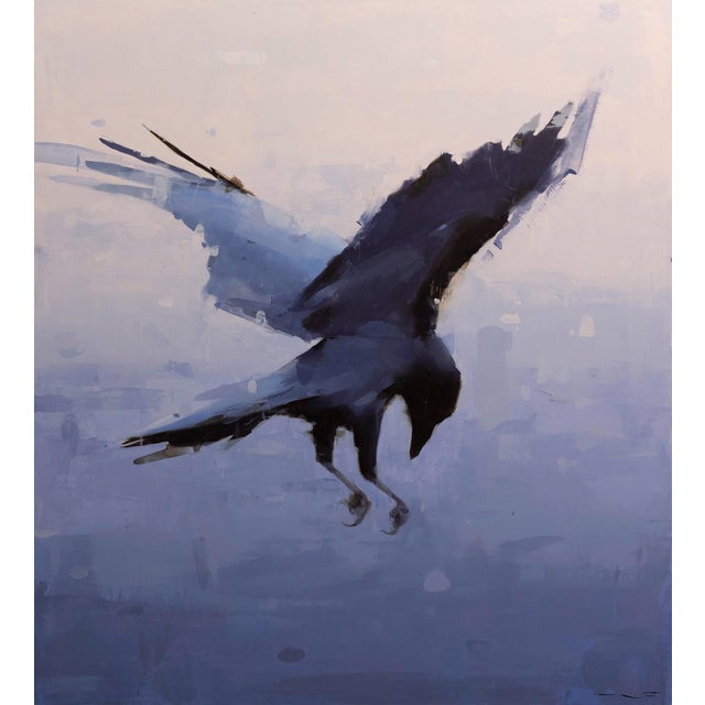 Krummi nr. 57 by Thorgrimur Einarsson | Oil on wood panel Abstract depiction of a flying raven. For Sale