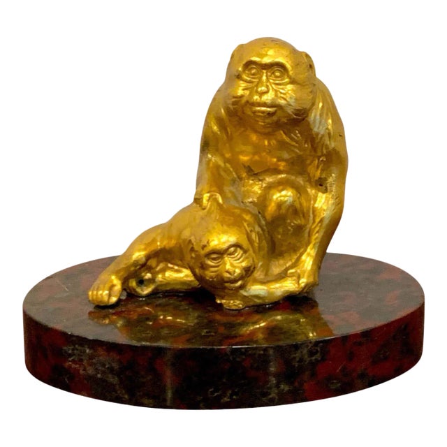 Early 20th Century French Gilt Bronze Sculpture of Seated Monkeys For Sale