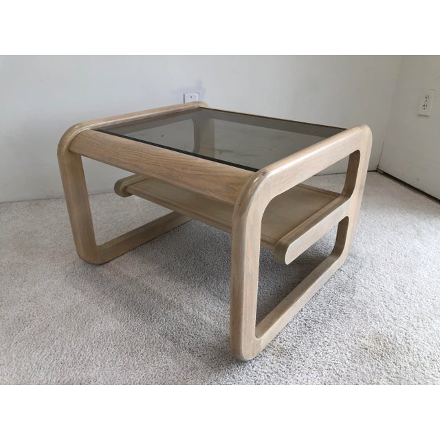 Midcentury California Modern occasional table by American designer Lou Hodges, Nice white washed finish with an inset glass
