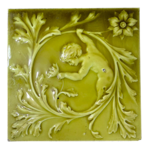 Antique 19th Century Green Glaze Minton Hollins Cherub Ceramic Pottery Tile