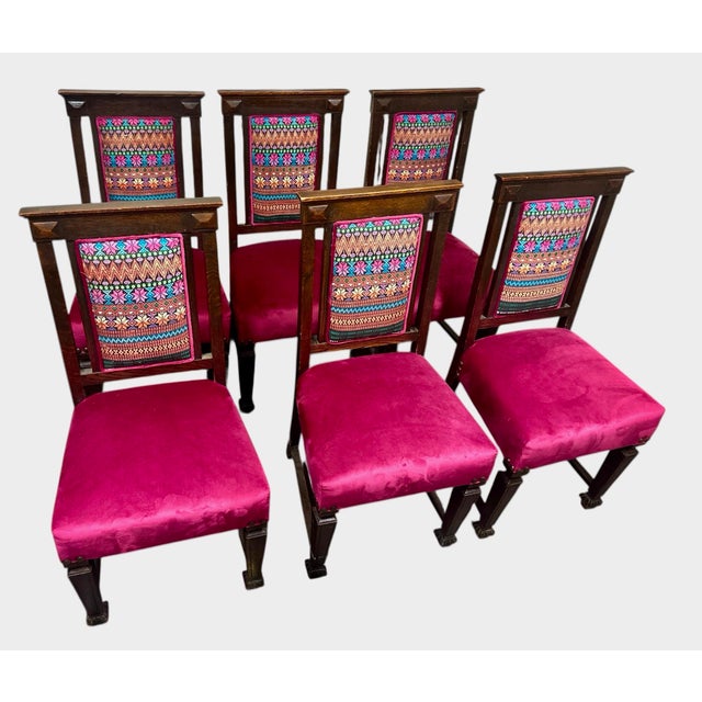 Textile Early 20th Century Edwardian English Oak Dining Chairs With Vivid Mexican Embroidery Upholstery - Set of 6 For Sale - Image 7 of 7