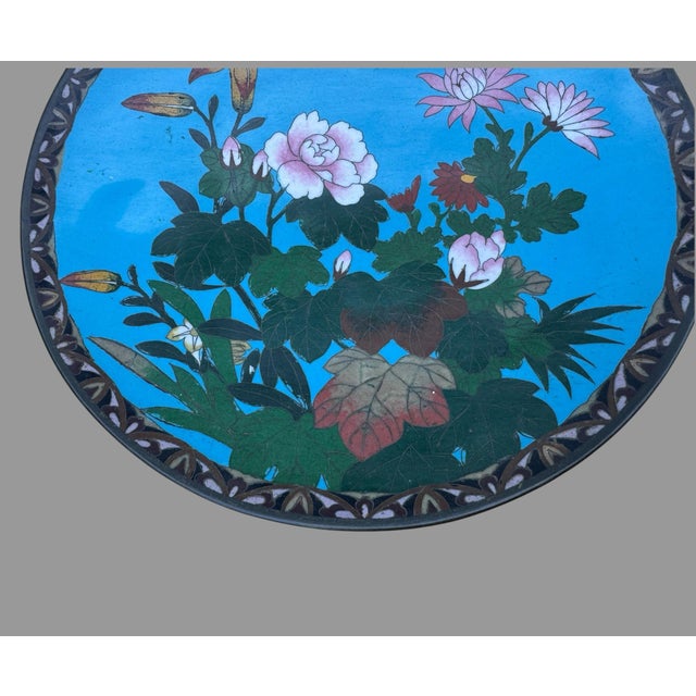 Metal Antique Japanese Meiji Cloisonne Charger Bird Flowers Blue Enamel 12 For Sale - Image 7 of 8