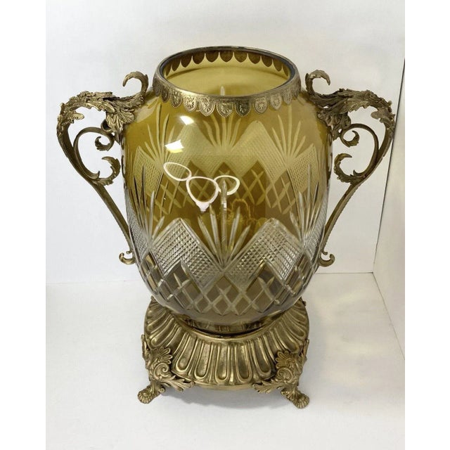 Mid-Century Modern 1960s Massive French Cut-To-Clear Amber Yellow Crystal Urn, Ornate Brass For Sale - Image 3 of 13