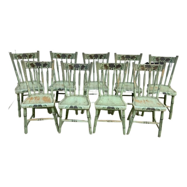 Set of 9 Antique Pennsylvania Thumb Back Chairs in Original Paint For Sale