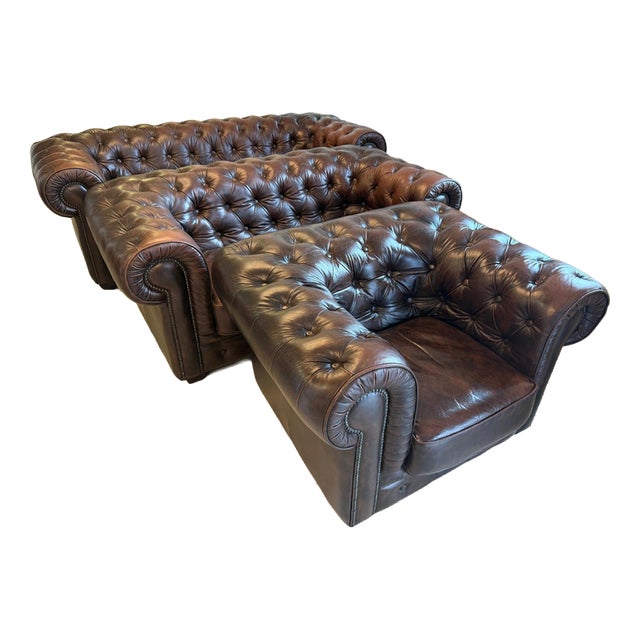 Chesterfield Sofas and Club Chair in Leather, Set of 3 For Sale