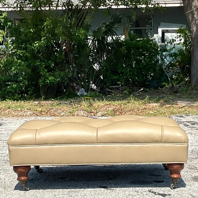 Vintage Tufted Leather Ottoman For Sale - Image 4 of 4