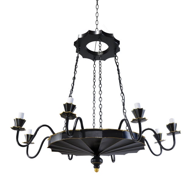 Vintage Handcrafted Iron Black and Gold 8-Light Pendant Chandelier For Sale - Image 10 of 10
