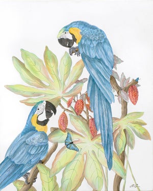 "Forever and a Day" Parrot Bird Macaw Painting in the Chinoiserie Style by Allison Cosmos
