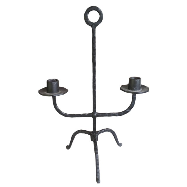 Vintage Mid 20th Century Hammered Iron Black Candle Holder Double Arm Candleabra Stands 15.5" Tall