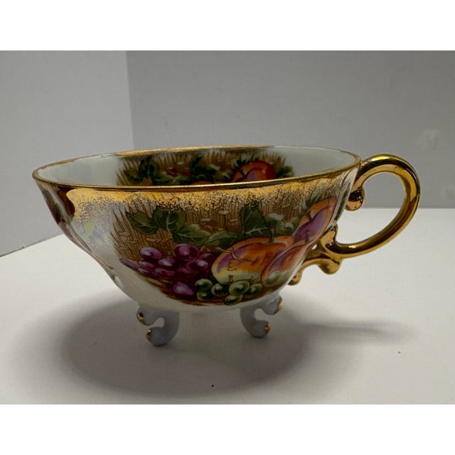 Mid 20th Century Vintage Japanese Lusterware Footed Teacup & Saucer Gold Iridescent Fruit Design Mid Century Display Cup For Sale - Image 5 of 8