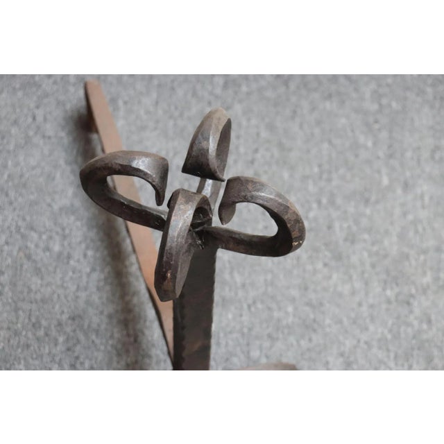 Pair of Tall Arts and Crafts Hand Forged Iron Fireplace Andirons For Sale - Image 11 of 18
