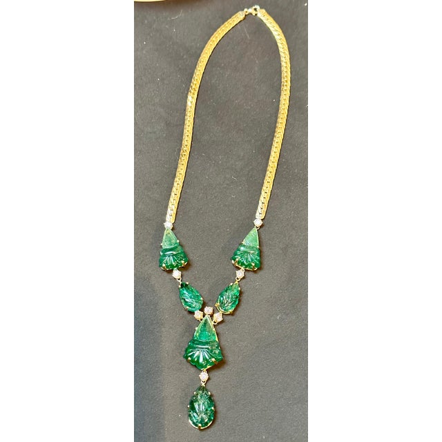 115 Ct Natural Carved Drop Emerald & 4 Ct Diamond Necklace 18 Kt Gold Necklace For Sale - Image 9 of 18