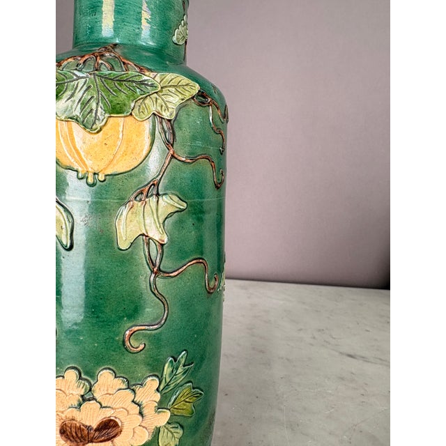 Chinese 19th Century Chinese Floral Relief Pottery Table Lamp For Sale - Image 3 of 9