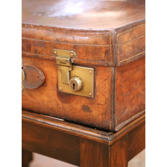 19th Century English Leather Suitcase on Walnut Stand Side Table For Sale - Image 4 of 13