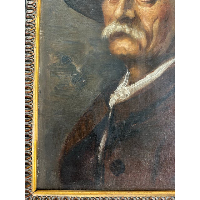1930s Original Antique European Moody Oil Portrait Painting of Gentleman in Hat Circa 1937 For Sale - Image 5 of 12