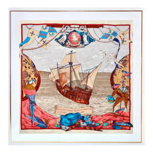 Framed Hermès Silk Scarf "Christophe Colomb Découvre L'Amérique" by Carl De Parcevaux - Orange Gold Frame