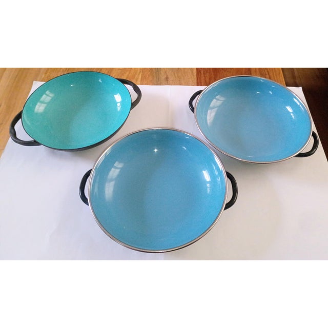 Mid 20th Century Tableware, Blue Enamel - 3 Bowls, 3 Handles For Sale - Image 4 of 5