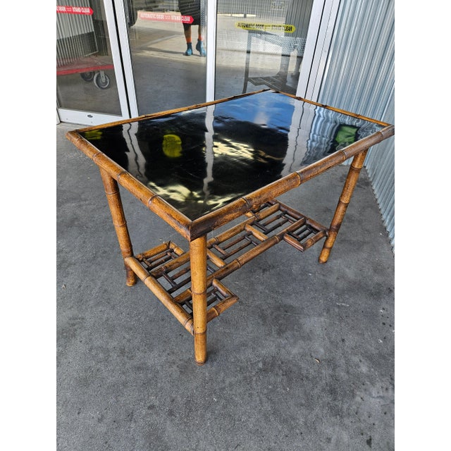 Wood 1920s Rectangular Chinese Chippendale Bamboo Table With Black Lacquer Top For Sale - Image 7 of 11