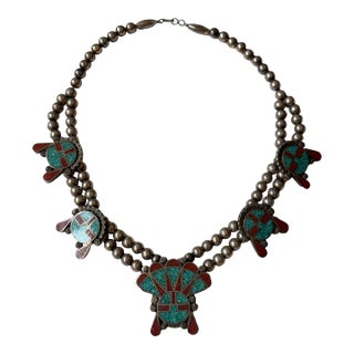 1970s Native American Silver Kachina Necklace With Turquoise & Coral Chip Inlay For Sale