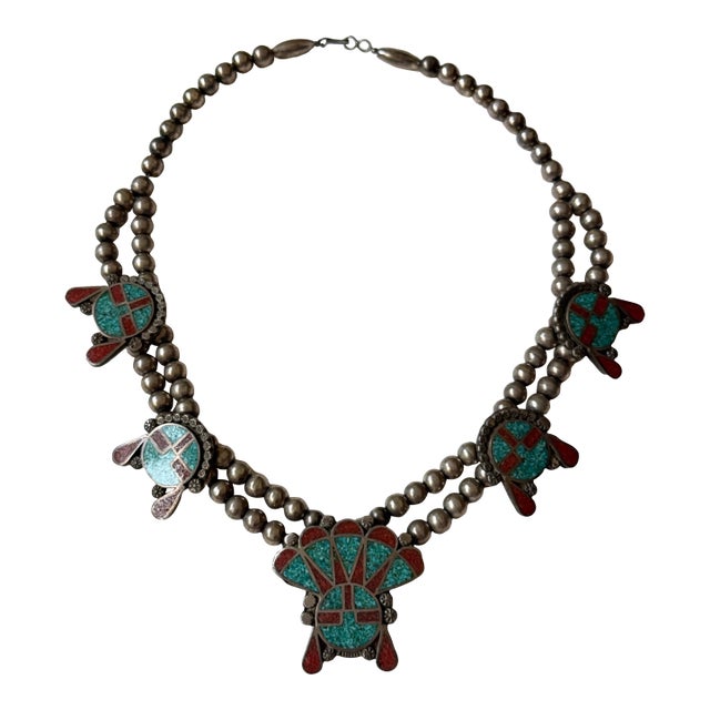 1970s Native American Silver Kachina Necklace With Turquoise & Coral Chip Inlay For Sale