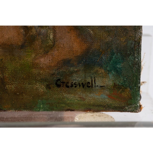 Signed "Cresswell" in the lower right corner. This evocative oil painting presents a poetic, symbolist-inspired scene of a...