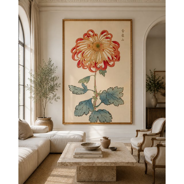 Red Chrysanthemum by Hasegawa, Vintage Japanese Botanical Art Print, 36" X 54" For Sale - Image 9 of 10