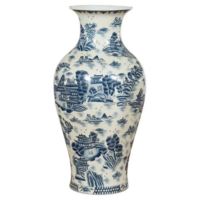 Vintage Chinese Blue & White Porcelain Vase with Landscapes & Architectures For Sale - Image 13 of 13