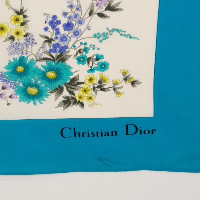 1980s Christian Dior Floral Silk Scarf Print in Blue and Lavender For Sale - Image 5 of 7