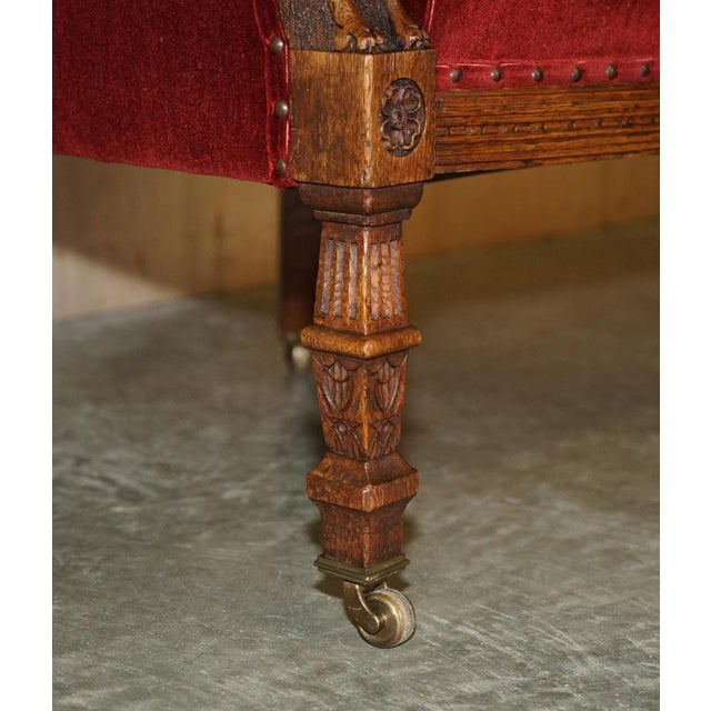 Regency Lions Head Carved Oak Armchair with Oxblood Velour Upholstery, 1810s For Sale - Image 10 of 17