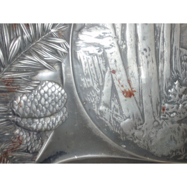 Metal Vintage Oval Pewter Platter With Roe Deer in Mountains With Pinecone Edge For Sale - Image 7 of 12