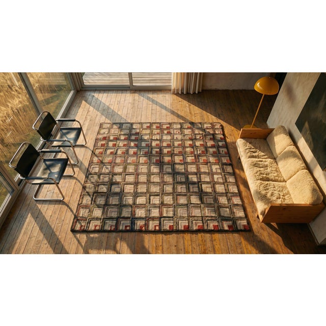 1890s Multicolor Dimensional Square Folk Art Antique American Hooked Rug 5'9" X 7' Handknotted Wool Carpet For Sale - Image 11 of 13