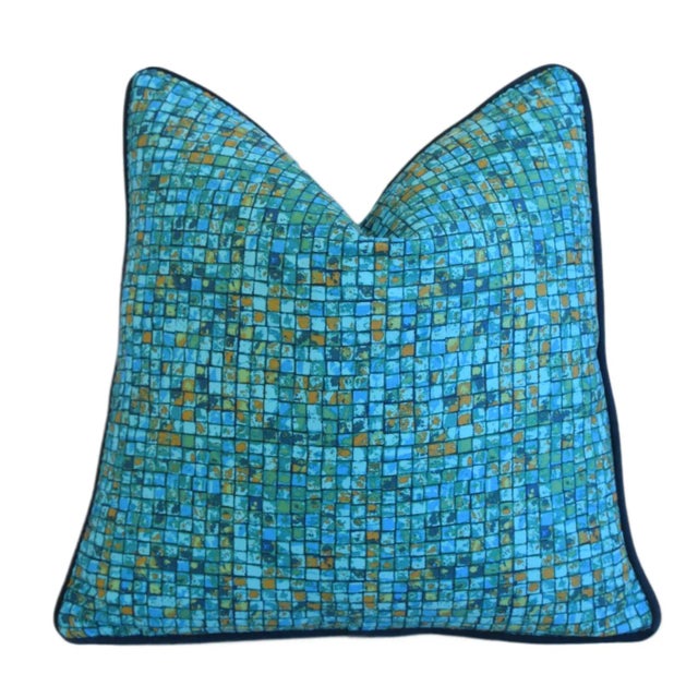 Early 21st Century Turquoise, Green, Blue and Gold Mosaic Tile Feather/Down Pillow 18" Square For Sale - Image 5 of 7