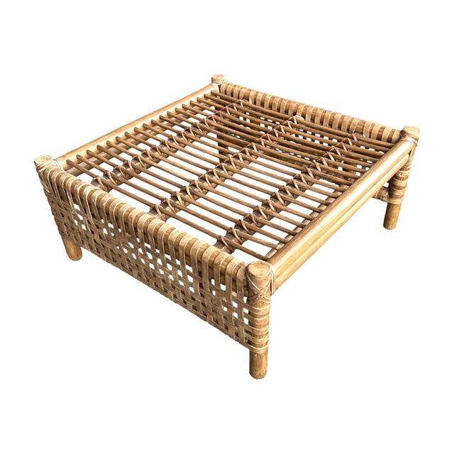 McGuire Coastal Organic Modern Rattan Ottoman With Black & Ivory Cushion For Sale - Image 11 of 13